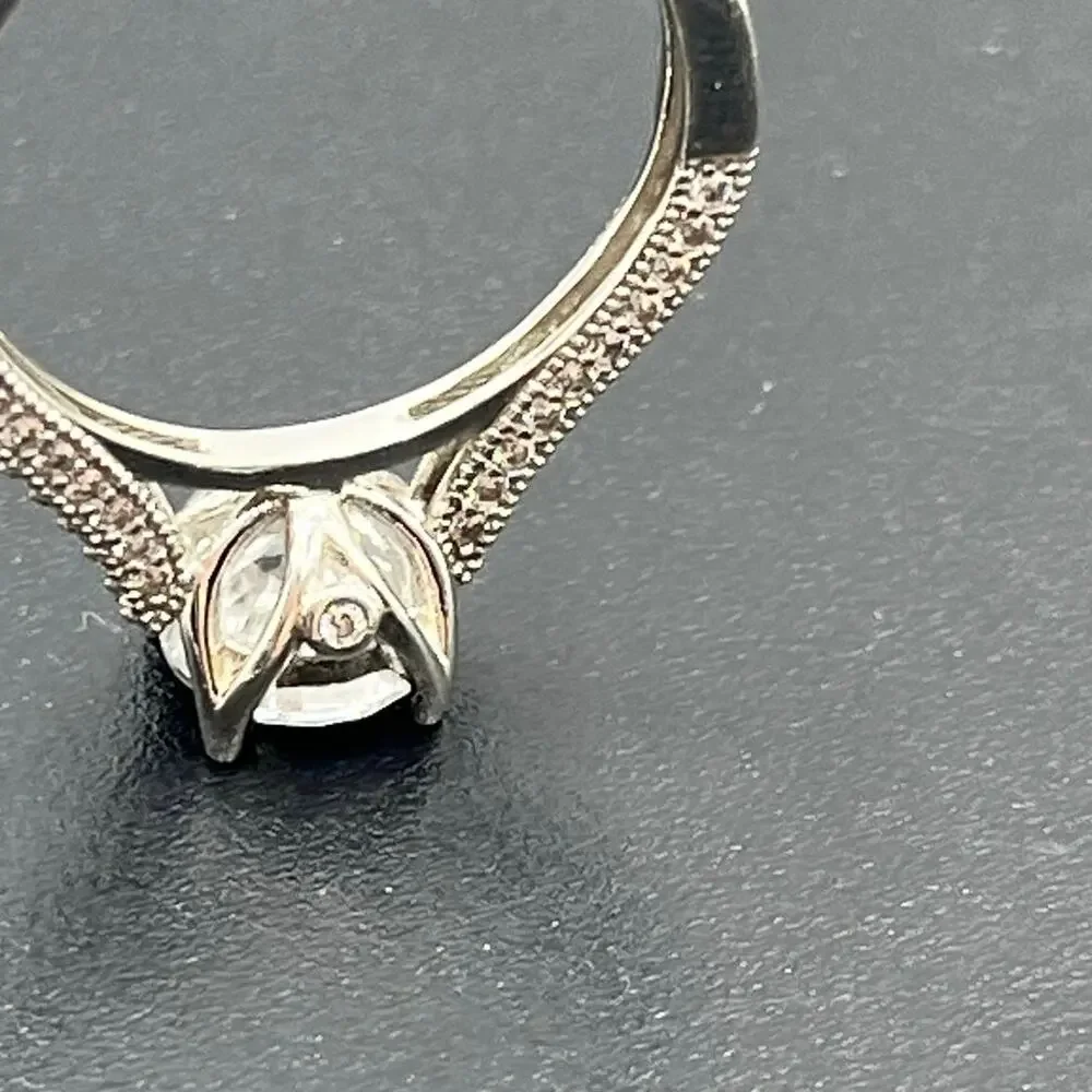 925 Sterling Silver Cathedral Solitaire Ring‎ 7mm Round CZ Pavé Accents Size 8